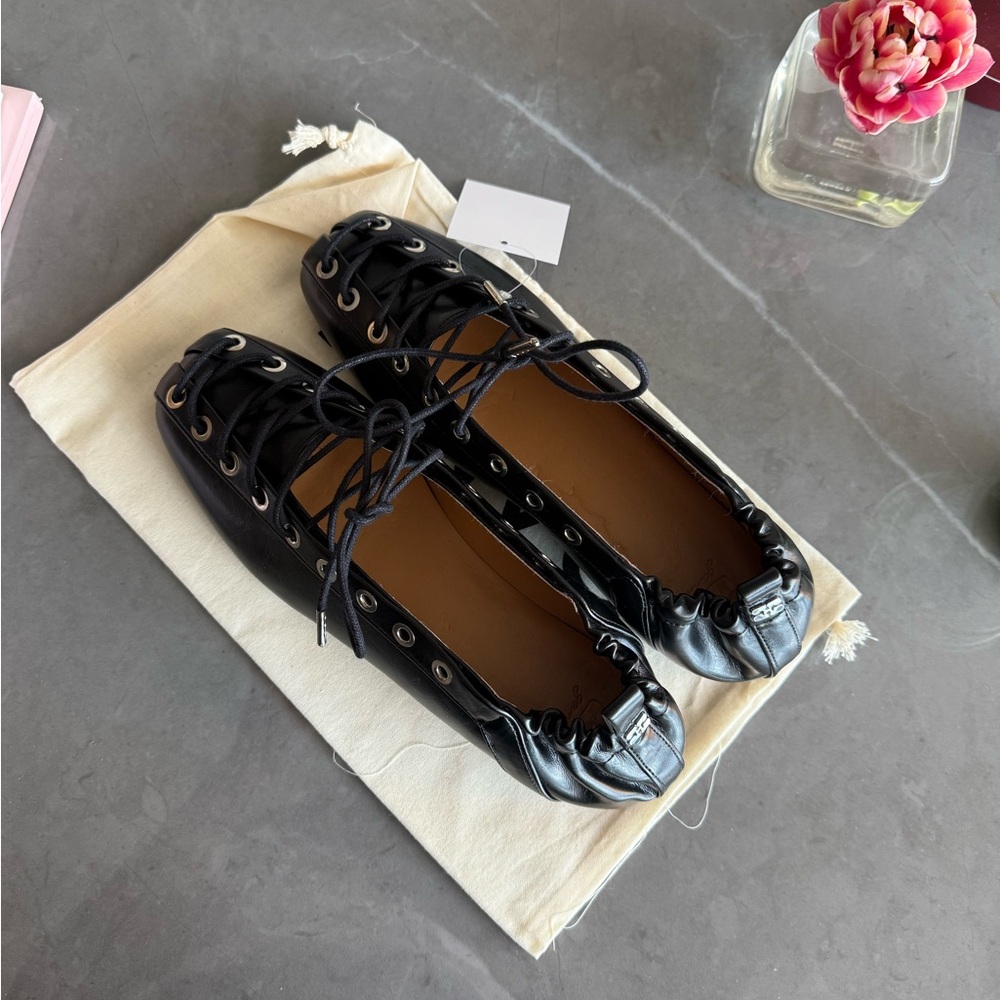 Ganni Black Leather Lace-Up Ballet Flats